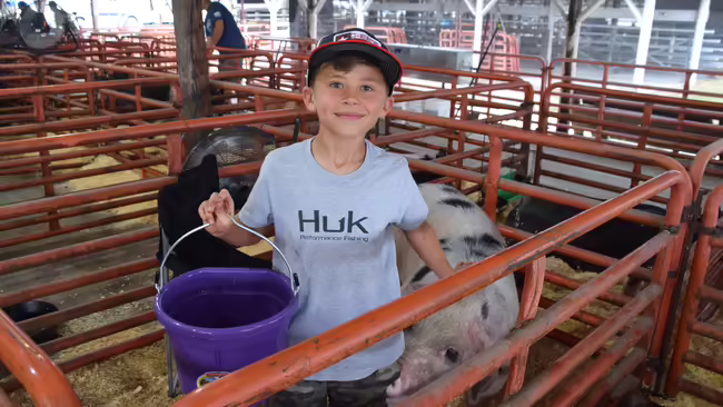 boy holding a bucket standing inside a hog pen