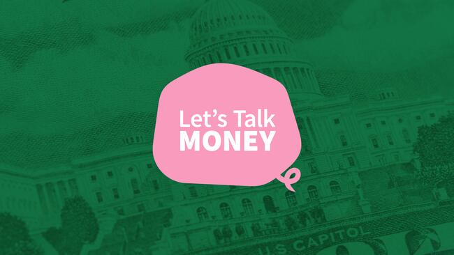 green background with pink piggy bank up front and white lettering "Let's Talk Money"