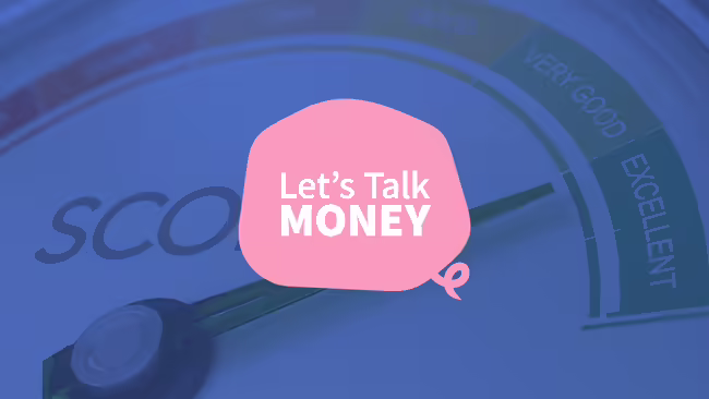 blue background with pink piggy bank in front with white lettering "Let's Talk Money"