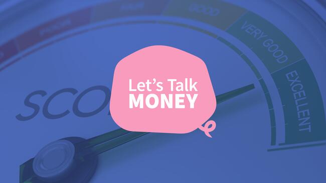 blue background with pink piggy bank in front with white lettering "Let's Talk Money"