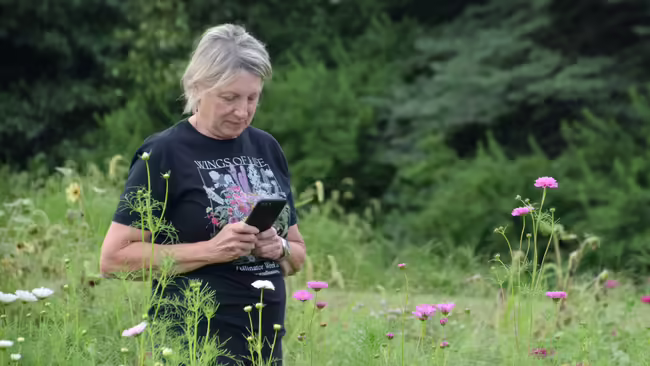 Karen taking a photo in a flower garden