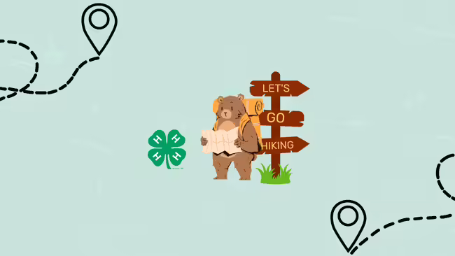 Graphic of a bear wearing a backpack and holding a map next to a hiking trail sign. The 4-H logo/emblem is right next to the bear.