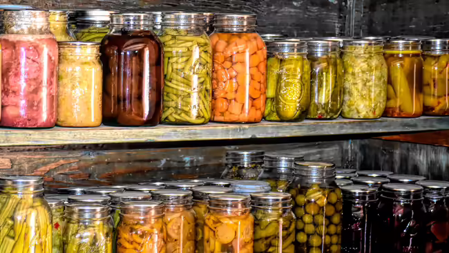 2 rows of jars with preserved vegetables