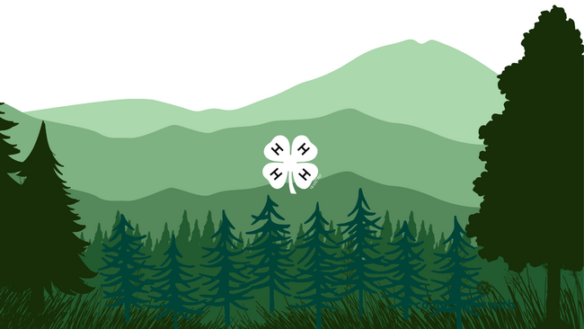 Graphics of hills and trees with the 4-H clover in the center