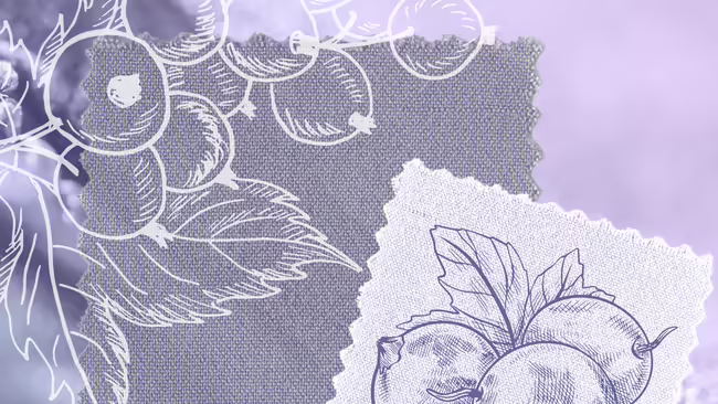 lavender, lilac, and purple-gray fabrics with white and deep purple overlay of black currant stencils