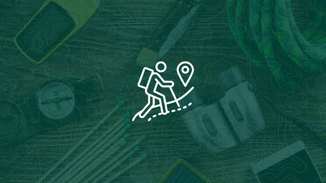 Hiking items with a green background and graphic of a hiker and waypoint