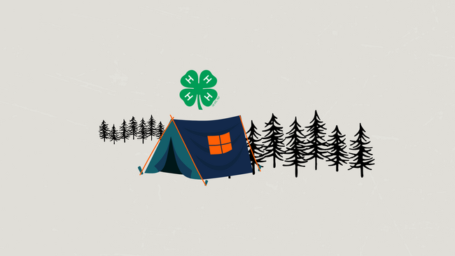 Graphic of a tent with trees and the 4-H clover emblem