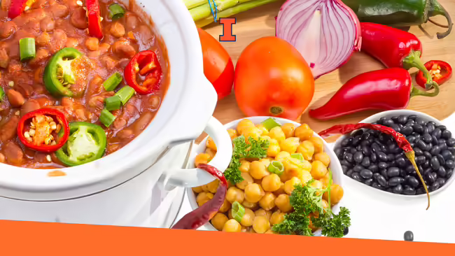 A meal being cooked in a slow cooker with the ingredients to the meal surrounding the slow cooker.