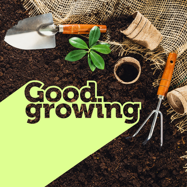 Good growing text over soil and gardening tools background