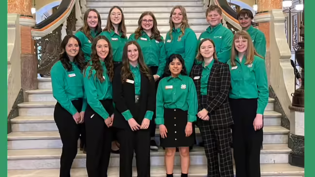Group of youth in green shirts standing on a staircase in the Illinois State Capitol Building.
