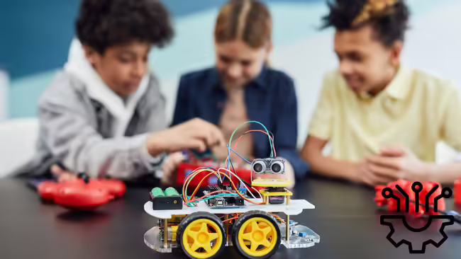 Kids playing with a robotic car they built.