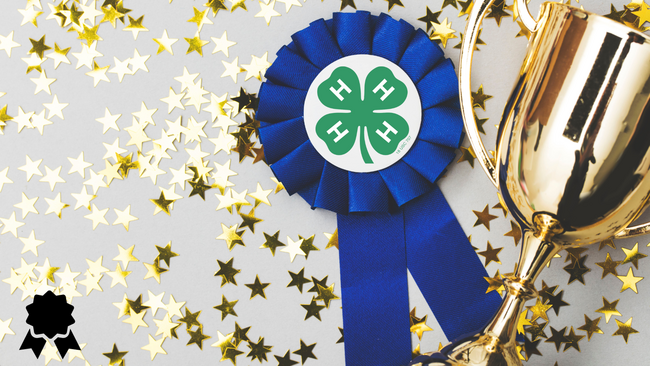 Star confetti on a table with a blue ribbon and trophy. 