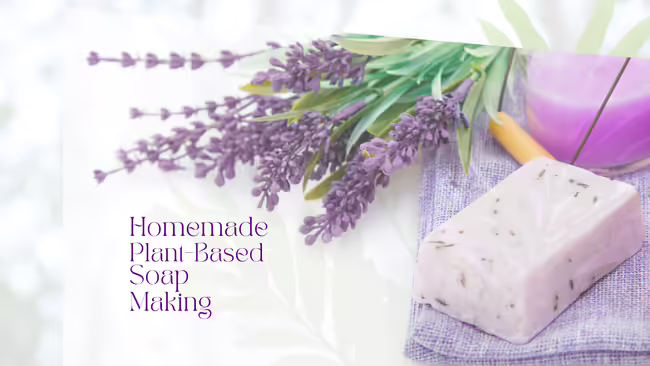 purple flowers along side a bar of soap