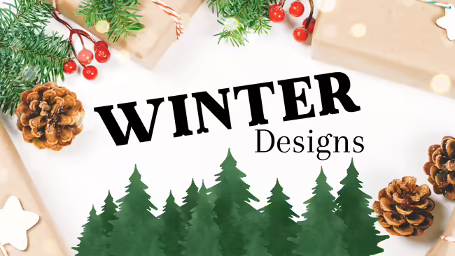 Gifts wrapped in brown paper with red and white ribbon, pine branches, pine cones, and pine trees sitting on a white background. Text in middle reads "winter designs"