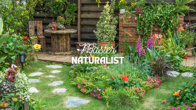 garden with green grass, rock path and colorful flowers