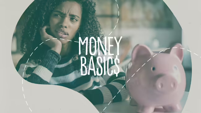 A worried woman and a piggy bank