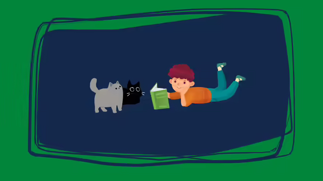 A graphic of a boy reading to cats.