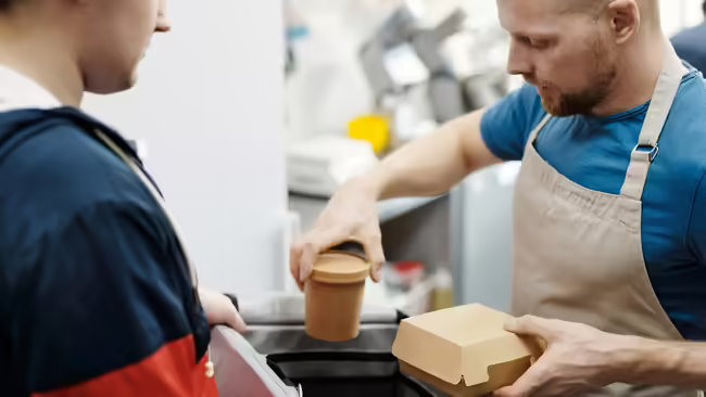 A man holding a cup and box and giving it to another person.
