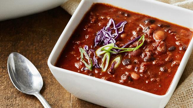 bowl of chili with spoon