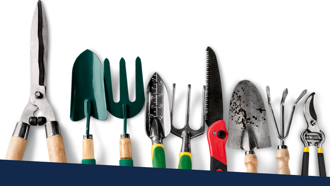 Various gardening tools on a white background. They are arranged biggest to smallest from left to right.