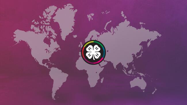 purple map of world with 4-H Clover Emblem