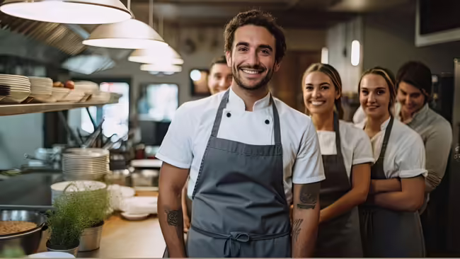 People with aprons on standing in a kitchen area
