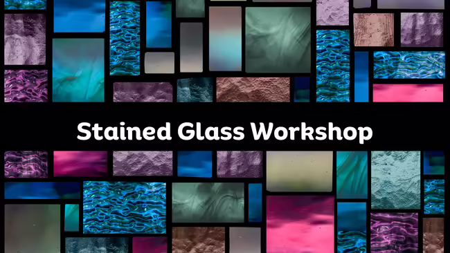 Stained glass made up of squares and rectangles in primary colors