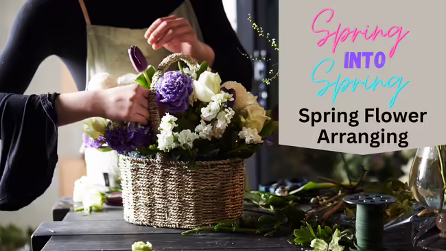 lady arranging flowers in woven basket