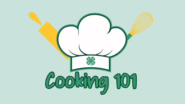 Cooking 101, chefs hat with rolling pin and whisk pictured