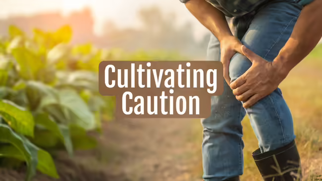A person holding their knee in pain while standing in a farm field.