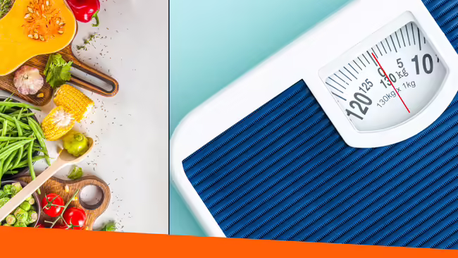 Left image is of various vegetables sitting on a table, then the right image is of a scale.