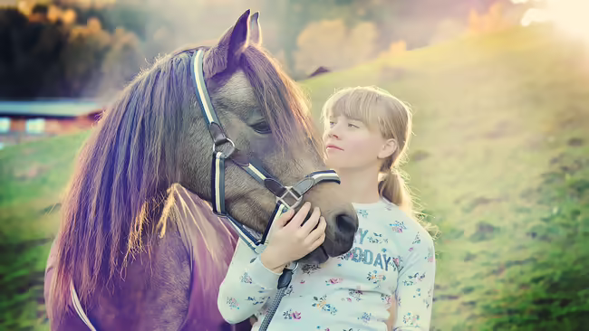 teen girl holding a haltered horse nose