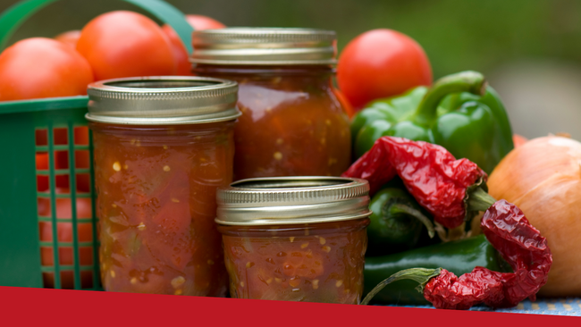 Salsa in jars with the ingredients surrounding the jars, such as tomatoes, peppers, and onion.