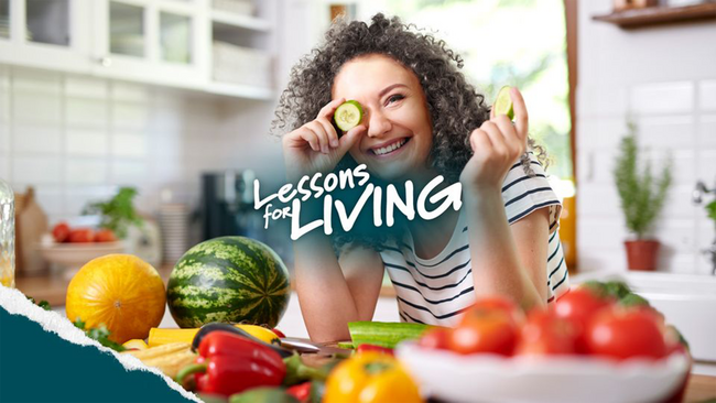 woman with cucumber against eye smiling with text Lessons for Living