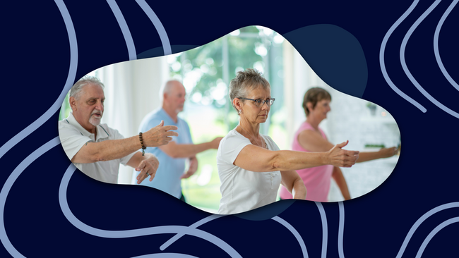 Image of a group of people doing tai chi with wavy lines in the background.