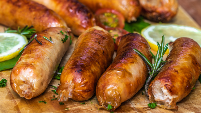 row of cooked sausage on a cutting board