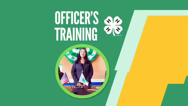 Officer's Training with 4-H clover logo, woman standing in from of desk
