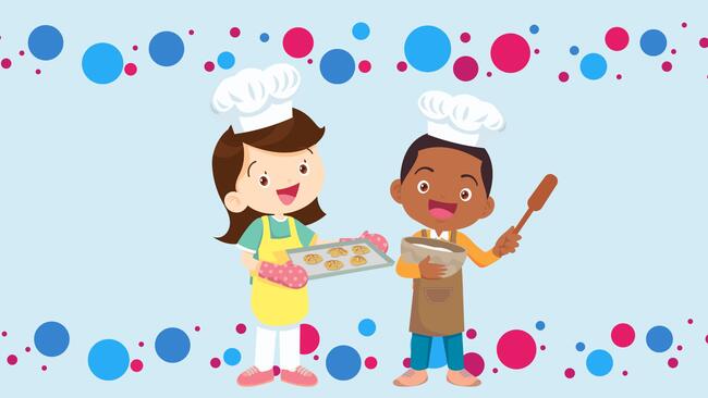 Fun in the Kitchen, animated boy and girl with baking items, hats, and utensils pictured.