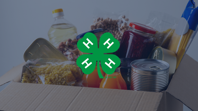 Image of canned goods in a box with the 4-H clover.