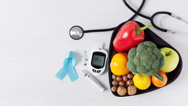 food with diabetes awareness ribbon and diabetes items