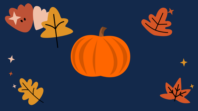 graphics of fall leaves and a pumpkin with stars.