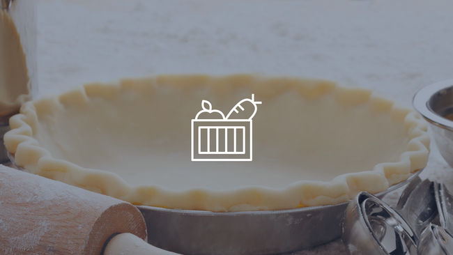 Image of a pie crust and rolling pin with a graphic of a produce basket.