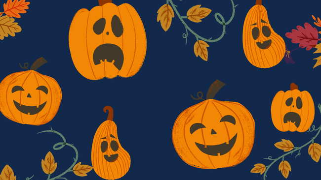 Graphic of pumpkins with leaves.