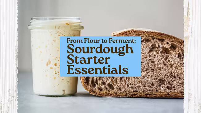 An image of a starter in a jar and a loaf of bread.