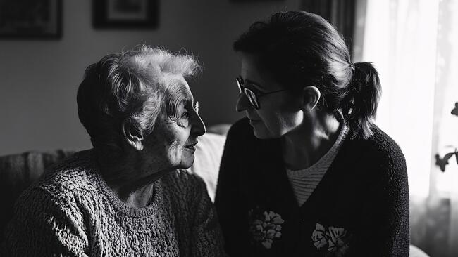 Elderly woman and her daughter looking at each other