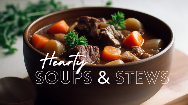 Brown soup bowl filled with beef and vegetable stew