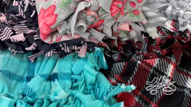 Fleece tie knot blankets with scissors and ruler graphic in right bottom corner of the image.