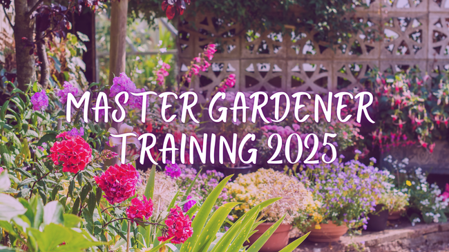 Master Gardener Training 2025 text pictured over a beautiful flower garden