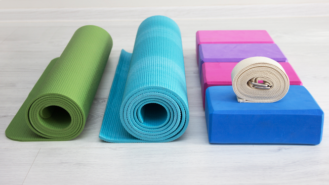 Yoga mats, support blocks and straps.