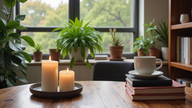 Two candles, coffee, and stack of book sitting on a table in a cozy room with plants.